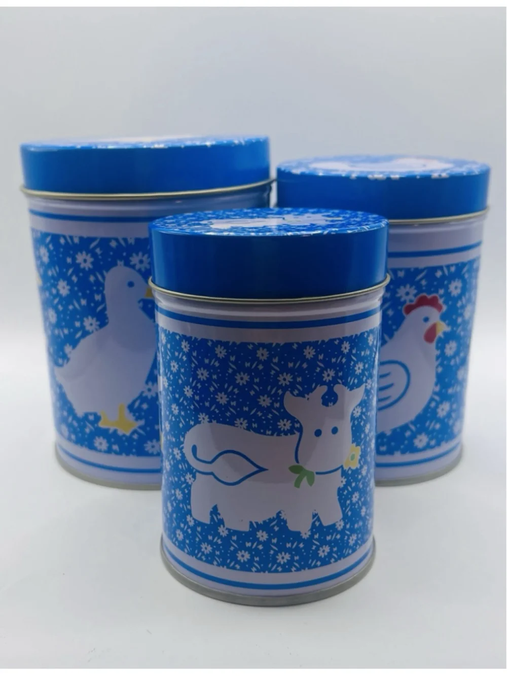Set of (3) Vintage Country Calico Tin Kitchen Canisters Blue Duck Chick Cow